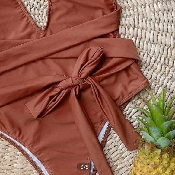 NWT SHEIN Knot Front Plunging One Piece Multi-way Swimsuit in Redwood - Picture 4 of 7